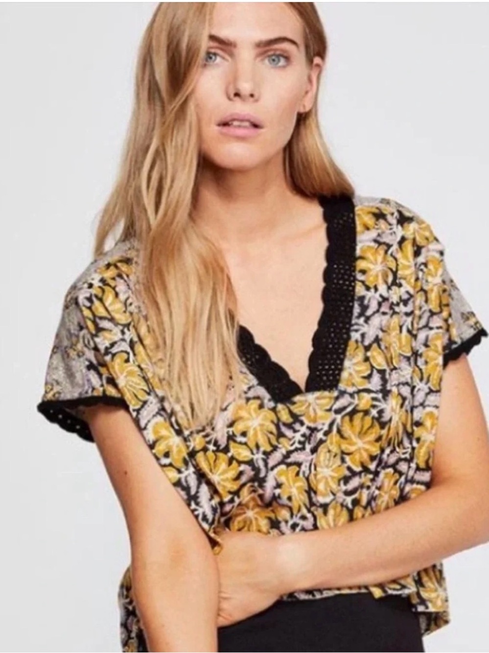 Free People Yellow Floral V-Neck Crop Top